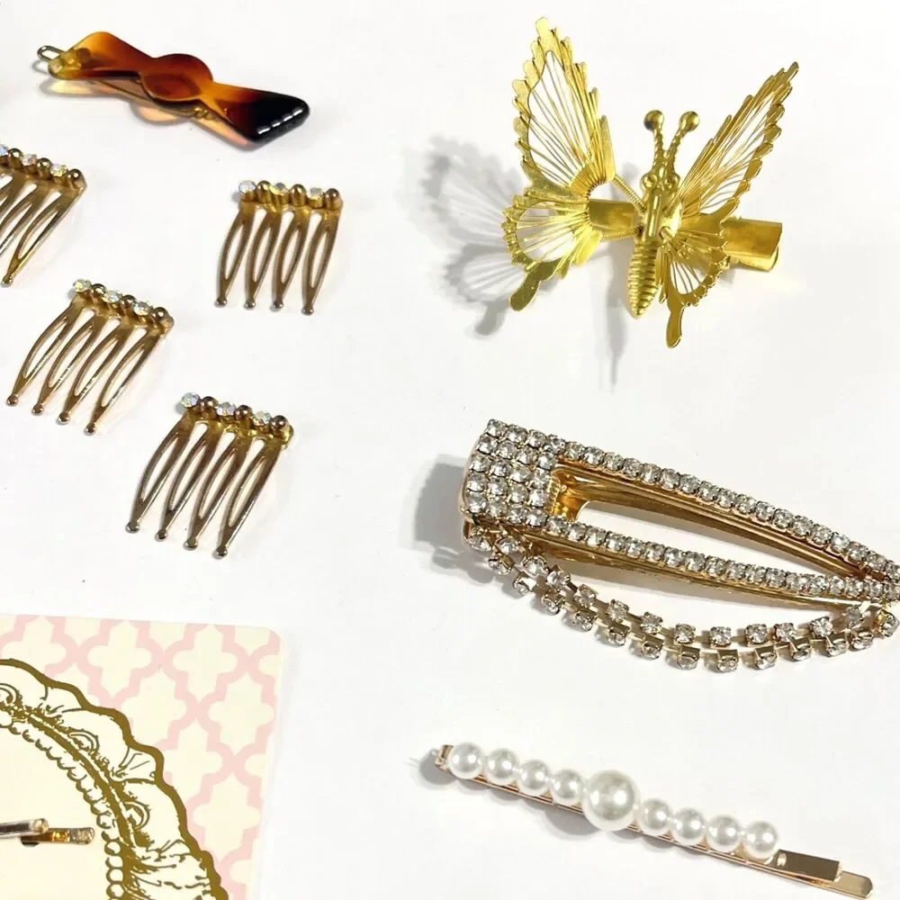 Vtg Retro Gold Tone Hair Barrettes Pins Combs Clip Rhinestone Butterfly Flower